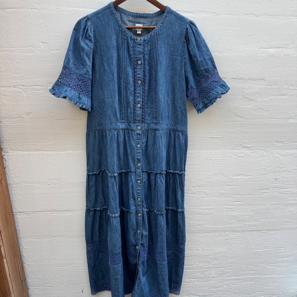 Gap x LoveShackFancy Edie Denim Maxi Dress L Blue Lace Tiered Button Front 79240